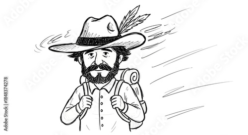 Determined Hiker with Backpack and Feathered Hat Illustration.