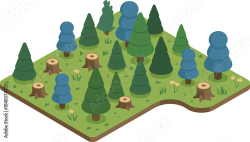 Isometric illustration of forest landscape, trees, stumps, nature environment, woodland terrain, eco concept, green land, natural scenery design