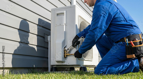 Professional HVAC technician repairing outdoor heat pump unit with wrench, residential air conditioning maintenance concept