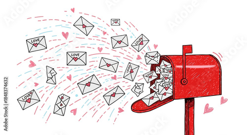 Red Mailbox Overflowing with Love Letters and Hearts.