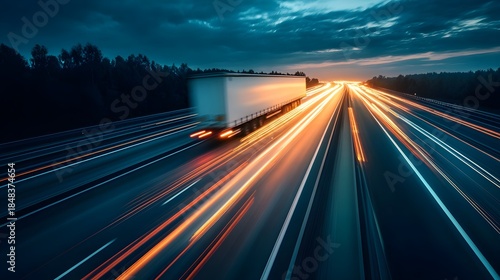 White semi truck driving on highway at night with light trails