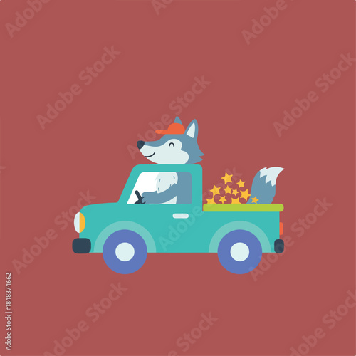 A smiling cartoon wolf wearing an orange cap drives a teal pickup truck filled with golden stars against a solid reddish background.
