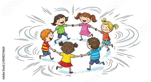 Diverse group of happy children holding hands and dancing in a circle.