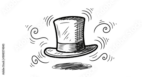 Hand drawn sketch of a floating top hat with magical swirls.