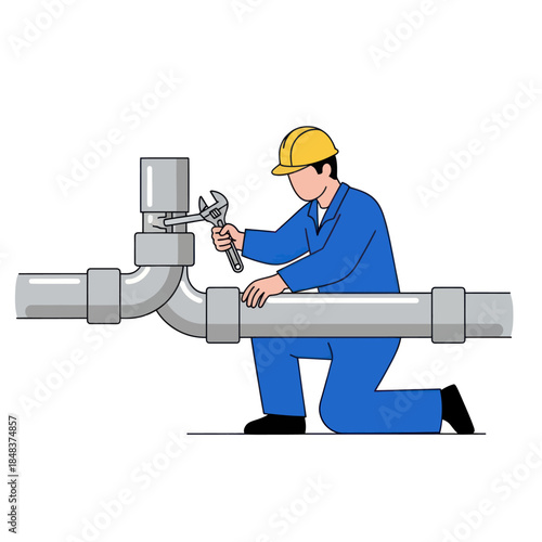 Plumber in blue overalls and yellow hard hat fixing grey pipes with a wrench
