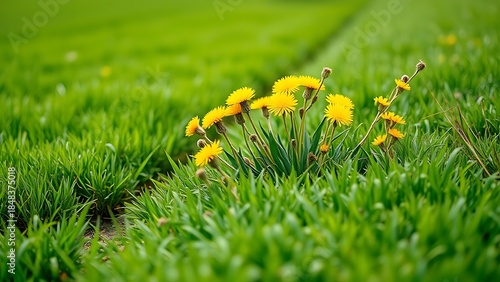 vigorously. Edge of a manicured lawn with bright yellow dandelions and wildflowers growing. gardening catalogs, home-decor guides, designed for home decor and floral branding, enhances decor appeal.