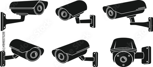Security camera silhouette vector illustration set, CCTV surveillance equipment collection, modern monitoring system outlines for safety, technology design, protection concepts