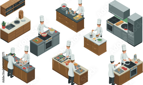 Isometric illustration of professional kitchen, chefs cooking food, restaurant workspace, culinary preparation, modern equipment, hospitality industry concept
