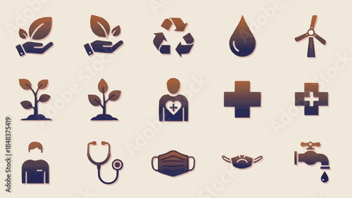 Collection of Environmental and Healthcare Icons Representing Sustainability and Well-being.