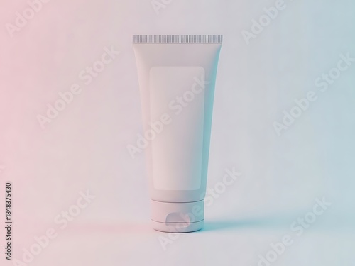 Minimalist white plastic tube for cosmetic or skincare product mock-up against a soft duotone pink and blue gradient background, perfect for beauty branding and product display