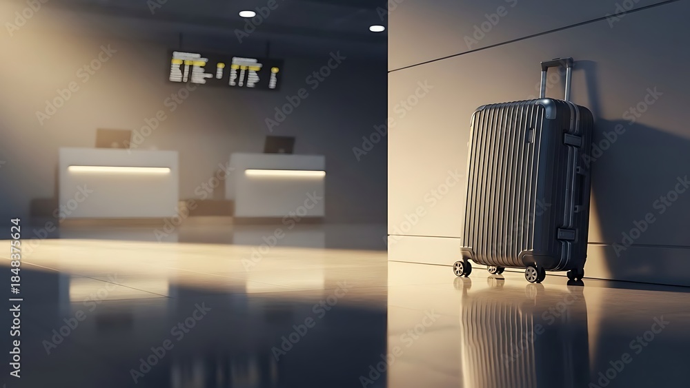 Naklejka premium Suitcase waiting at a dimly lit airport checkin counter with dramatic light