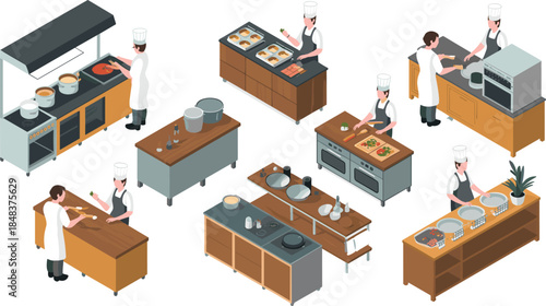 Isometric illustration of professional kitchen, chefs cooking food, restaurant workspace, culinary preparation, modern equipment, hospitality industry concept