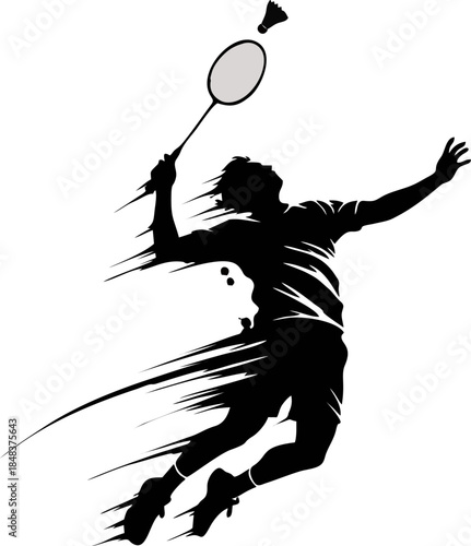Badminton Player Smash Silhouette. Dynamic Ink Brush Vector Sport Illustration for Asian Games