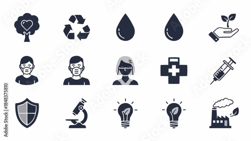 Collection of Icons Representing Health Environment and Science Concepts.