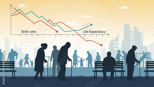 Elderly people silhouette with declining birth rates and rising life expectancy graph.