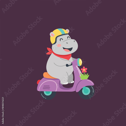 A cheerful cartoon hippo, wearing a yellow helmet and red bandana, rides a whimsical purple scooter adorned with a flower on a dark background.