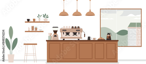 Minimalist illustration of modern coffee shop interior, cafe counter, espresso machine, cozy workspace, urban lifestyle, beverage service design