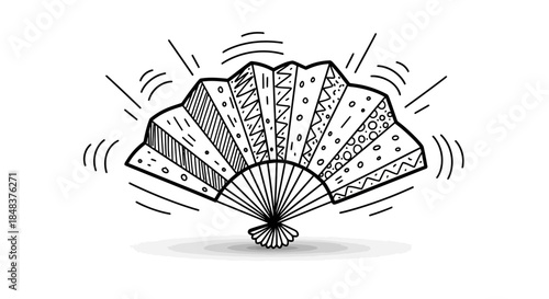 Hand-drawn ornate folding fan with decorative patterns and radiating lines.