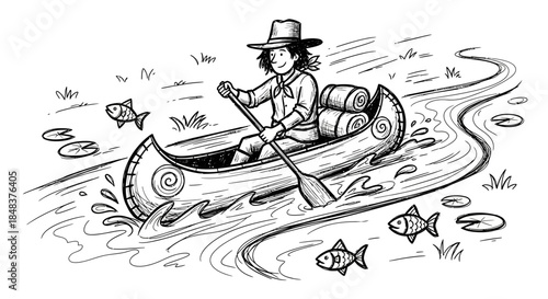 Person Paddling Canoe on River with Fish.