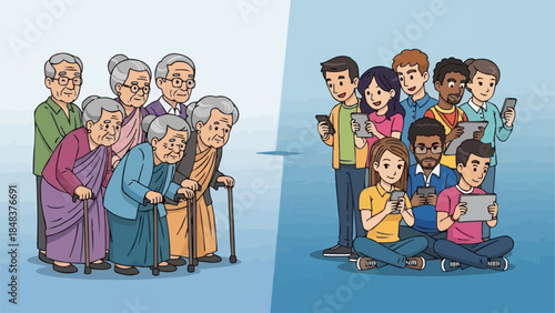 Generational divide showing elderly people and young people with technology.
