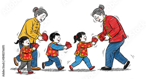 Family exchanging red envelopes during Chinese New Year celebration.