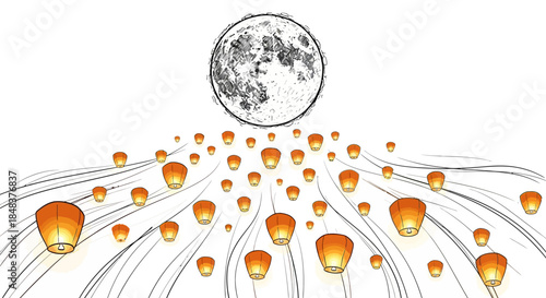 A multitude of glowing sky lanterns ascend towards a large, detailed moon in the night sky.