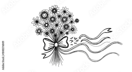 Hand Drawn Sketch of a Beautiful Flower Bouquet with Flowing Ribbons.