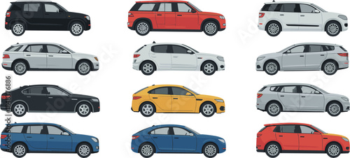 Set of modern cars side view illustration, sedan and SUV vehicles, different colors, automotive design, transport collection, urban mobility