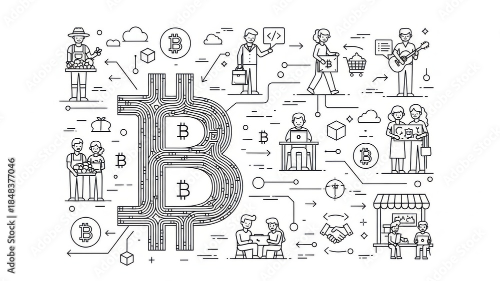 Fototapeta premium Cryptocurrency integration into daily life and global commerce, illustrating digital financial