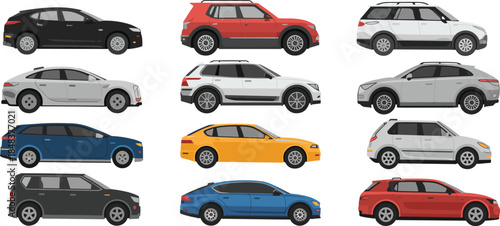 Set of modern cars side view illustration, sedan and SUV vehicles, different colors, automotive design, transport collection, urban mobility