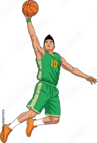 Basketball player performing slam dunk in green uniform, dynamic sports action vector for athletic energy, competition, and team spirit themes