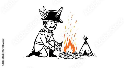 Cartoon Soldier Tending Campfire with Tent in the Background.