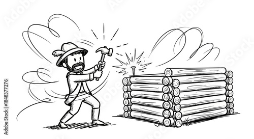 Carpenter hammering nail into wooden log cabin construction project.