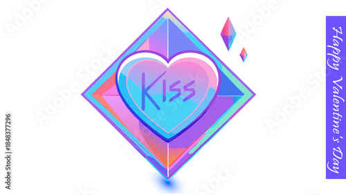 Shiny geometric Valentine's Day icon with heart and kiss text, happy Valentine's Day, glowing abstract crystal polygon design.