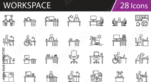 Grid of 30 black line icons for office and remote work environments, ideal for workspace vector illustration content