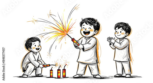 Children Celebrating Diwali with Sparklers and Firecrackers in Festive Joy.