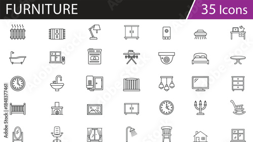 Grid of 35 black line icons for household items and furniture, ideal for interior design vector illustration content