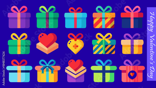 Collection of valentine's day gift boxes flat design style holiday presents romantic surprises for special occasions on blue background.