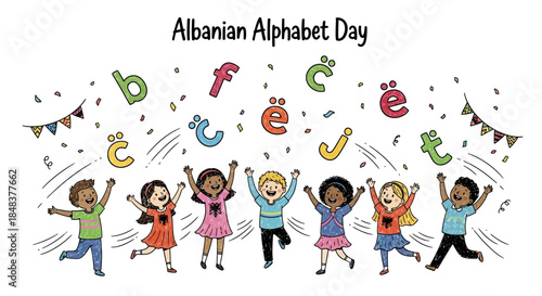 Children celebrating Albanian Alphabet Day with letters.