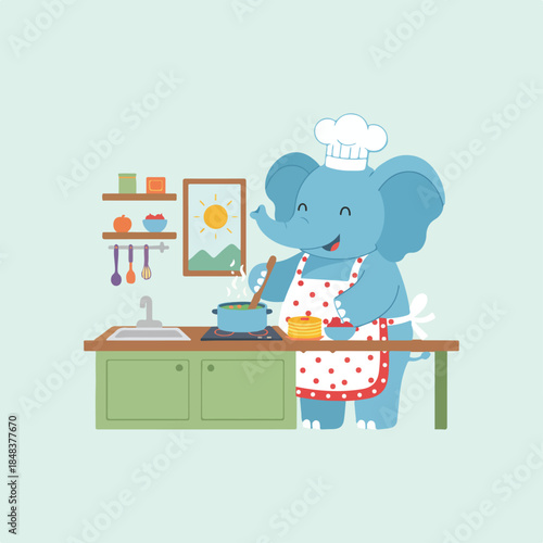 A cheerful blue cartoon elephant chef wearing an apron cooks in a brightly lit kitchen, stirring a pot and preparing fresh pancakes.