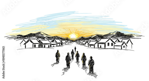 Group of people walking towards the sunrise in a village.