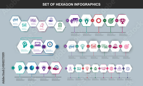 Set of colorful hexagon infographic templates with 3-8 steps