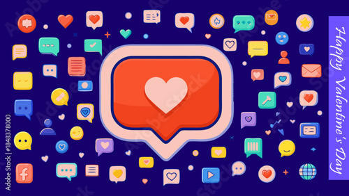 Happy Valentine's Day social media heart-like notification icons with speech bubbles and other symbols on a blue background vector.