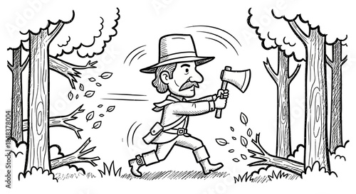 Man with an axe running through the forest.