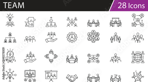 Teamwork and collaboration icons set, business meeting, organizational structure, leadership, global communication, project management, vector illustration
