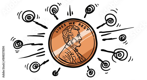 Penny surrounded by magnifying glasses, symbolizing focus and investigation.