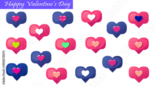 Happy Valentine's Day collection of heart-like notification speech bubble icons in different colors isolated on a transparent background.