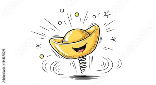 Happy Gold Ingot on a Spring Cartoon Illustration.