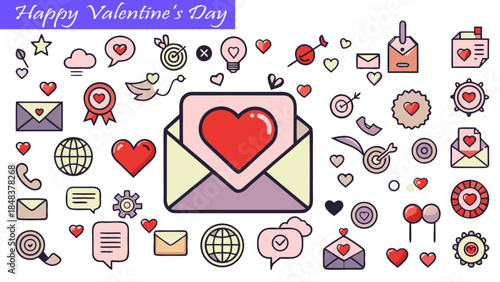 Valentine’s Day icons set vector illustration. love and romance symbols. hearts, envelopes, gifts, arrows, targets, doves, and communication bubbles.