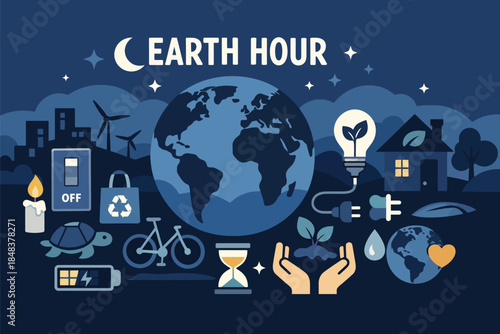 Wide Earth Hour Scene Depicting Energy Conservation Lights Off Global Awareness Minimal Clean Layout